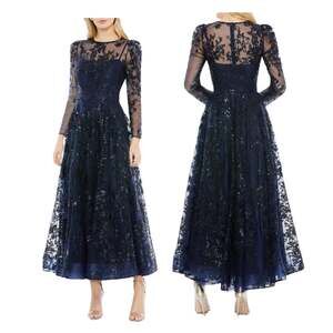 Mac Duggal Navy Sequin Sheer Lace Maxi Gown Prom Dress Womens 4 Long Sleeve